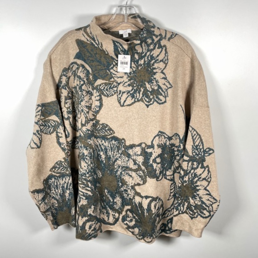 J. Jill Floral Jacquard Sweater Sand Heather Multi Women's 2X Quiet Luxury NWT